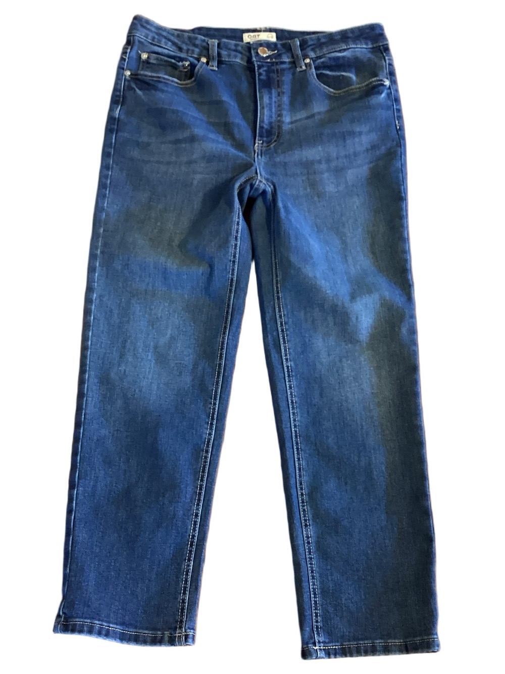Oat New York cropped, tapered medium wash denim blue jeans. Size 10 or 30
